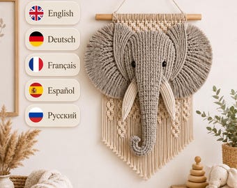 Makramee-Elefant-Wandbehang-Muster PDF, Boho-Kinderzimmer-Wanddekoration 35 x 55 cm, Englisch Deutsch Français Español Русский Digitales Tutorial Dekor