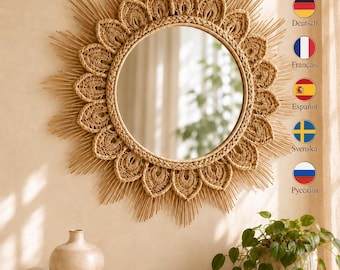 Häkelanleitung für einen Boho-Sonnenstrahl-Spiegel (PDF) | 60 cm Wanddeko | Spiegelrahmen im Rattan-Stil | Digitaler Download in 6 Sprachen