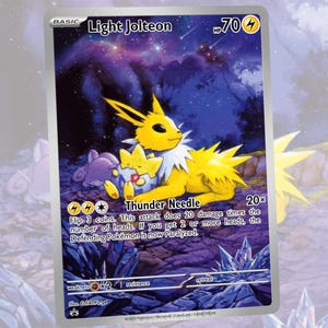 May include: A Light Jolteon Pokémon trading card featuring a yellow and white creature with a spiky tail and fur. The card has a purple and blue starry background with text that reads "Thunder Needle".