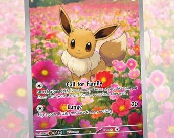 May include: A Pokémon trading card featuring Eevee in a field of pink and red flowers. The card has the text "Eevee" and "Call for Family" and "Lunge". The card is set against a soft, blurred floral background.