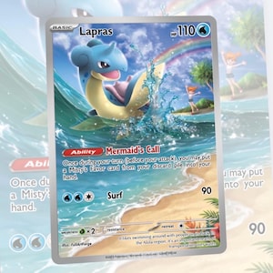 May include: A Pokémon trading card featuring Lapras, a blue and yellow sea creature, in a vibrant ocean scene with a rainbow. The card includes the text "Lapras", "Mermaid's Call", and "Surf". The background shows a beach and a person.