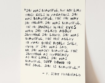 She Was Beautiful Print | F Scott Fitzgerald Quote Wall Art | Bedroom Dressing Room Poster | Beauty Salon Décor | Gift Friend Girlfriend
