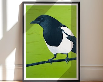 Impression pie de la peinture à l'huile | Un pour le chagrin | Impression d'art oiseau | Art noir et vert | Art de la Pie | Cadeau Saint-Valentin | Décoration bohème Art bohème