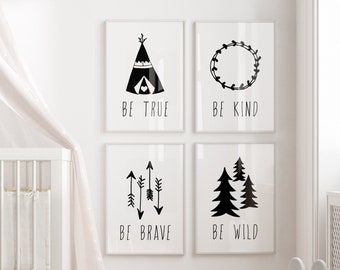 Native American Nursery Prints | Be True Kind Brave Wild | Set of 4 | Minimalist Kids Room Art | Tribal Painting | Positive Affirmations