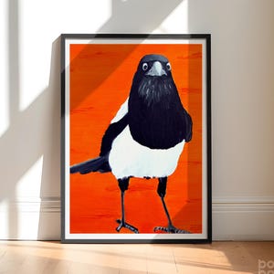 Impression pie de la peinture à l'huile | Cinq pour l'argent | Impression d'art oiseau | Art noir et orange | Art de la Pie | Cadeau Saint-Valentin | Décoration bohème Art bohème image 1