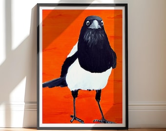 Impression pie de la peinture à l'huile | Cinq pour l'argent | Impression d'art oiseau | Art noir et orange | Art de la Pie | Cadeau Saint-Valentin | Décoration bohème Art bohème
