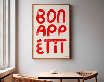 Bon Appetit Print | French Cafe Poster | Vintage Retro Wall Art | Hand drawn | Dining Room Decor | Kitchen Picture | Gift for Mum Foodie