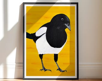 Impression pie de la peinture à l'huile | Trois pour une fille | Impression d'art oiseau | Décor jaune noir | Cadeau de Noël éclectique | Illustration de la faune