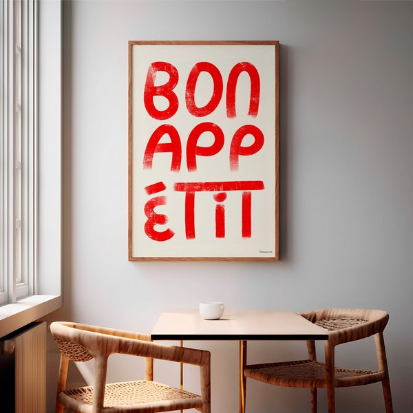 Bon Appetit Print | French Cafe Poster | Vintage Retro Wall Art | Hand drawn | Dining Room Decor | Kitchen Picture | Gift for Mum Foodie