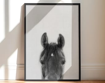Peeking Horse Print | Monochrome Scandi Style Horse Poster | Black and White Photo Art for Living Room | Gift Horse Lover | Equestrian Rider