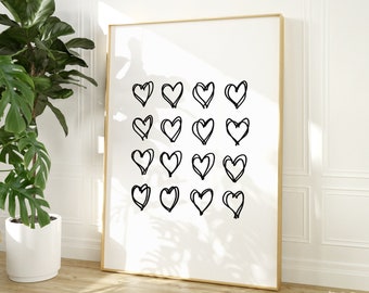 Hand Drawn Hearts Print | Line Drawing | Love Scandi Decor | Art Living Room, Bedroom | Mothers Day Gift for Mum | Heart Picture