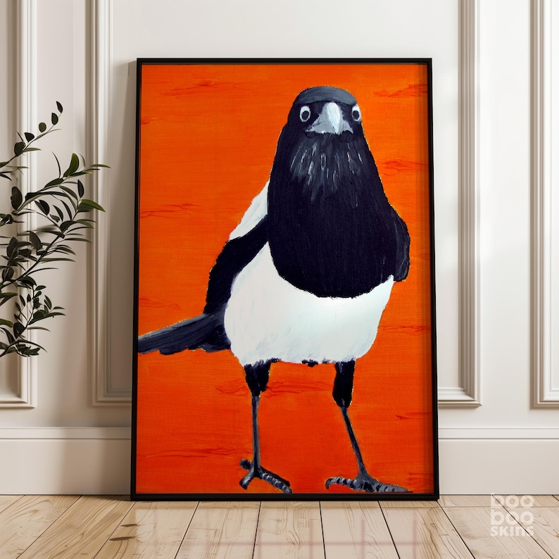 Impression pie de la peinture à l'huile | Cinq pour l'argent | Impression d'art oiseau | Art noir et orange | Art de la Pie | Cadeau Saint-Valentin | Décoration bohème Art bohème image 2