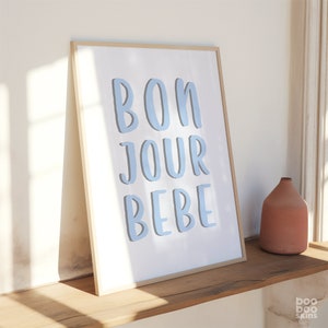 Bonjour Bebe Print | French Kids Art | Pastel Blue Pink Decor | Minimalist Nursery Art Poster | Christening Gift Niece | Hello New Baby | image 2