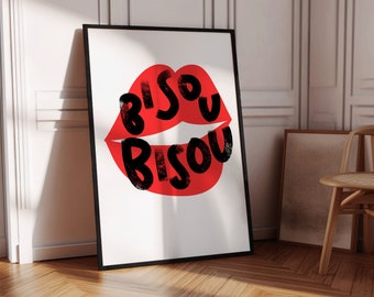 Bisou Bisou Impression | Poster citation en français | Art mural baiser lèvres | Oeuvre d'art tendance rose rouge vert | Rétro | Décoration pour dortoir étudiant | Cadeau d'amour ami