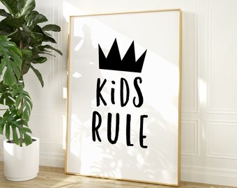 Kids Rule Print | Monochrome Nursery Decor | Art Kids Room | Black White Playroom Poster | Funny Birthday Gift Niece Nephew Friend's Kids