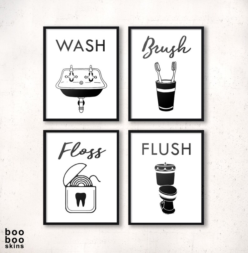 Bathroom Art Set of 4 Bathroom Prints Wash Brush Floss Etsy UK