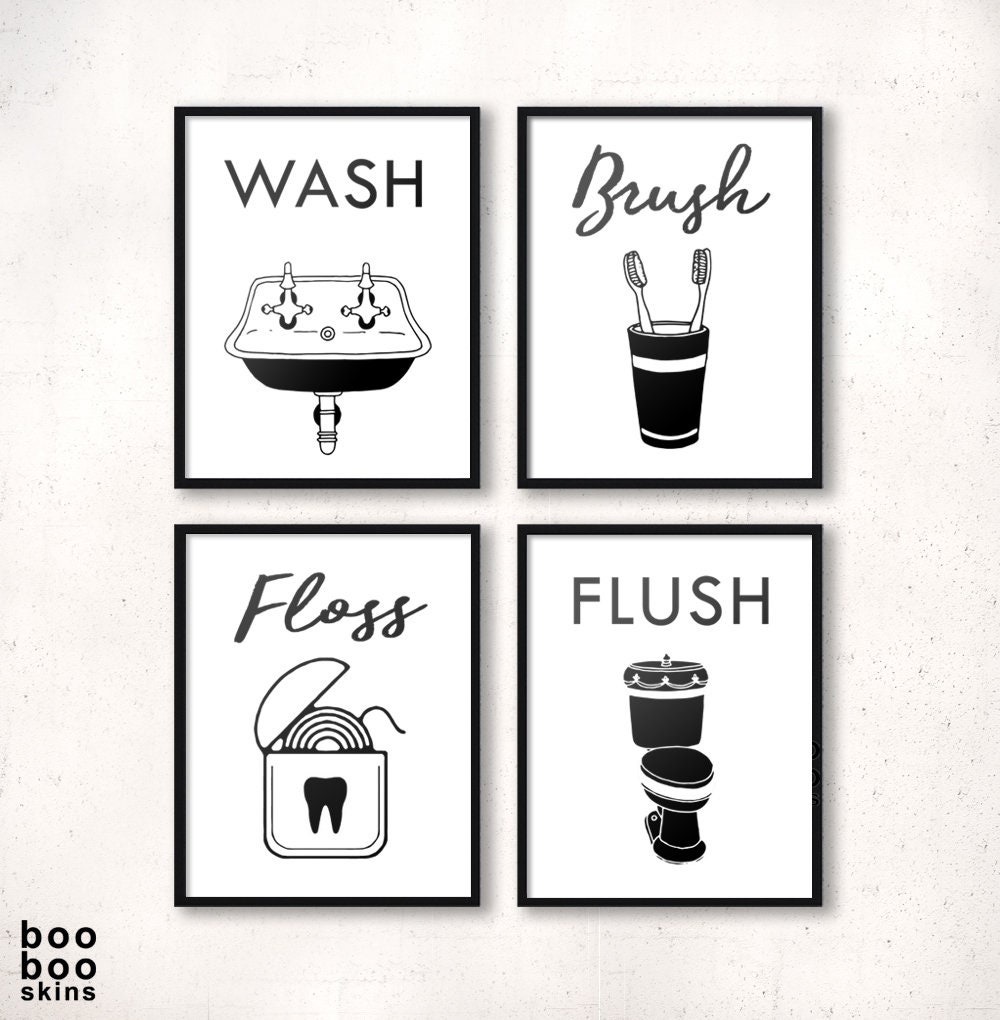 Bathroom Art Set of 4 Bathroom Prints Wash Brush Floss Etsy UK