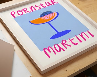 Pornstar Martini Cocktail Print | Kitchen Wall Art | Gift for Friend | Bar Poster | Dining Room Decor | Orange and Pink Art