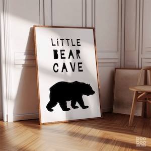 Little Bear Cave Print | Woodland Nursery Art | Boys Room Nordic | Gift for Nephew | Toddler Bedroom | Monochrome Minimalist Kids Decor