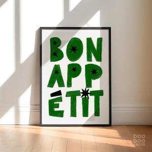 Poster Bon Appetit Kitchen / Stampa French Word Cafe / Sala da pranzo / Dopamine Decor Dorm / Arte culinaria di tendenza disegnata a mano / Colori verde rosa