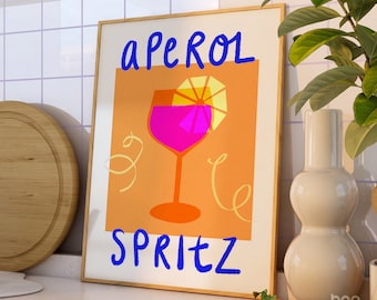 Aperol Spritz Cocktail Print | Gift for Friend | Bar Cart | Alcohol Wall Art | Kitchen Poster | Colourful Cafe Aesthetic |