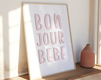 Bonjour Bebe Print | French Kids Art | Pastel Blue Pink Decor | Minimalist Nursery Art Poster | Christening Gift Niece | Hello New Baby |