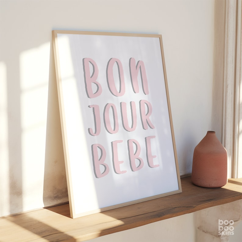Bonjour Bebe Print | French Kids Art | Pastel Blue Pink Decor | Minimalist Nursery Art Poster | Christening Gift Niece | Hello New Baby | image 1