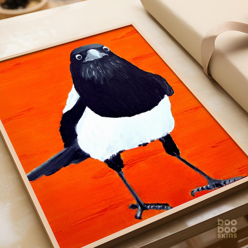 Impression pie de la peinture à l'huile | Cinq pour l'argent | Impression d'art oiseau | Art noir et orange | Art de la Pie | Cadeau Saint-Valentin | Décoration bohème Art bohème image 6