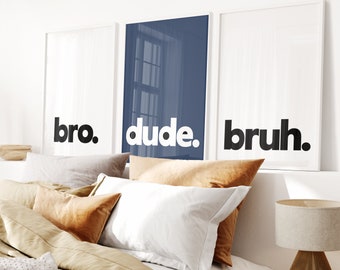 Navy Blue Boys Room Decor | Camo Teen Bedroom Prints | Set of 3 Prints | Bro Dude Bruh | Gift for Gamer | Gaming Decor Teal Green