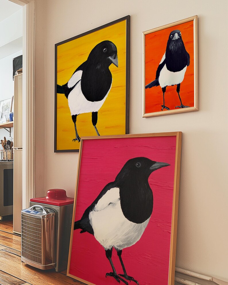 Impression pie de la peinture à l'huile | Cinq pour l'argent | Impression d'art oiseau | Art noir et orange | Art de la Pie | Cadeau Saint-Valentin | Décoration bohème Art bohème image 5