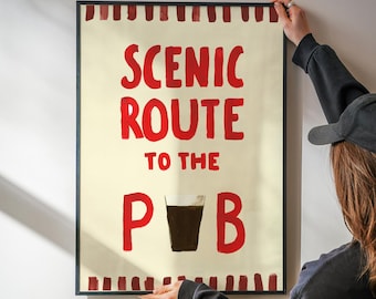 Funny Walking Art Print | Scenic Route to the Pub | Hiking Gift | Country Holiday Home Wall Art or Pub Decor | Outdoors