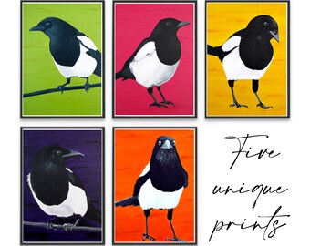 Magpie Prints of Oil Paintings | Bird Art Print | Boho Decor | Pink Green Yellow Purple Orange Art | Boho Art | Sorrow Joy Girl Boy Silver