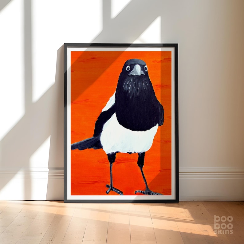 Impression pie de la peinture à l'huile | Cinq pour l'argent | Impression d'art oiseau | Art noir et orange | Art de la Pie | Cadeau Saint-Valentin | Décoration bohème Art bohème image 1