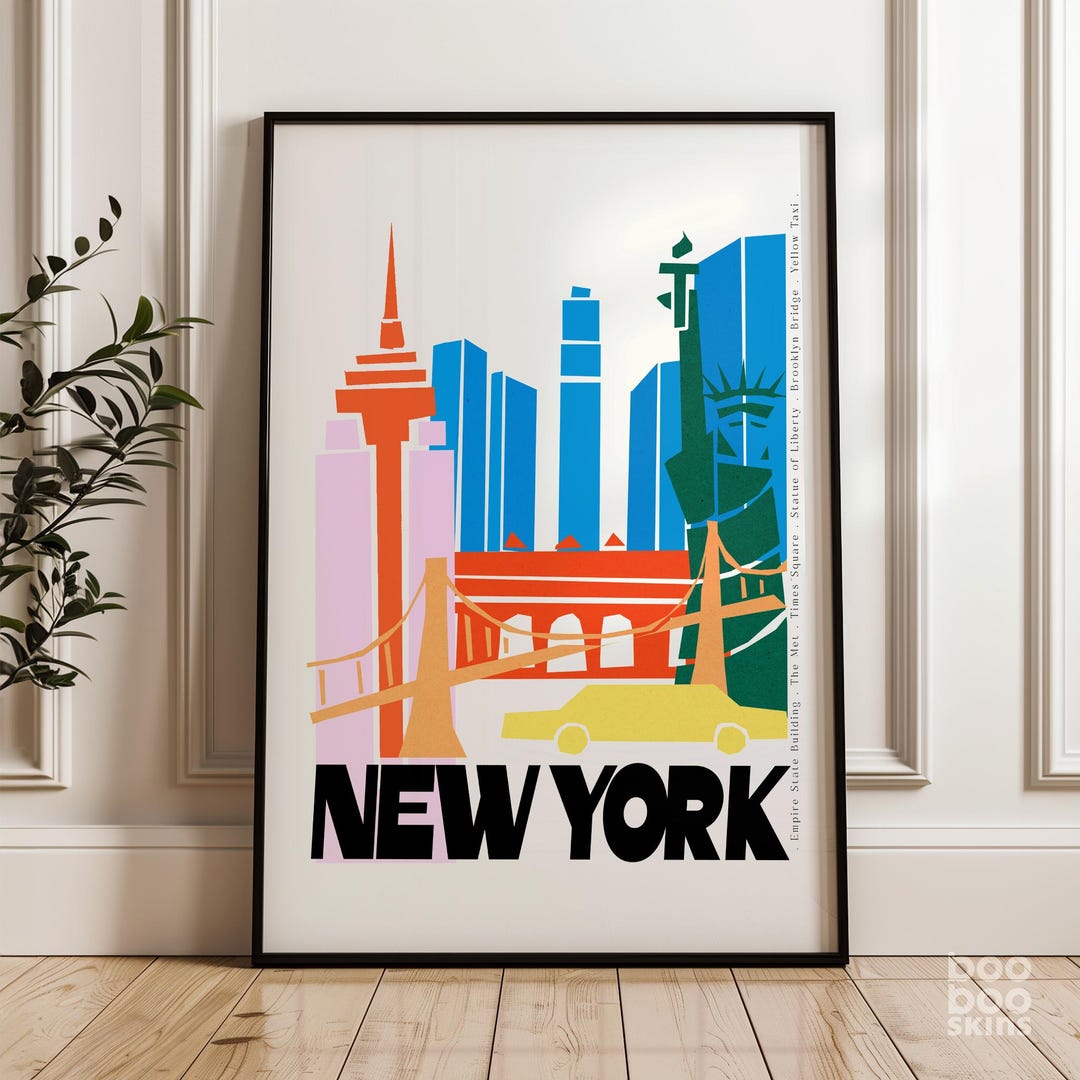 New York City Print | Retro Travel Poster | NYC Landmarks | Statue ...