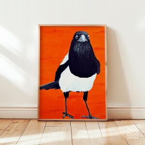 Impression pie de la peinture à l'huile | Cinq pour l'argent | Impression d'art oiseau | Art noir et orange | Art de la Pie | Cadeau Saint-Valentin | Décoration bohème Art bohème image 4