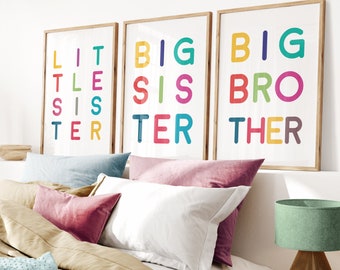 Big Little Sister Brother Print | New Sibling Gift | Modern Kids Room Poster | Colourful Nursery Art | New Baby Christening | Niece Nephew