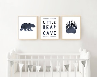 Little Bear Cave | Woodland Nursery Art | Scandi Nursery Prints | Boys Room Decor | Bear Cave Prints | Set 3 Nursery Prints | Navy Nursery