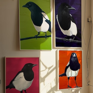 Impression pie de la peinture à l'huile | Cinq pour l'argent | Impression d'art oiseau | Art noir et orange | Art de la Pie | Cadeau Saint-Valentin | Décoration bohème Art bohème image 3