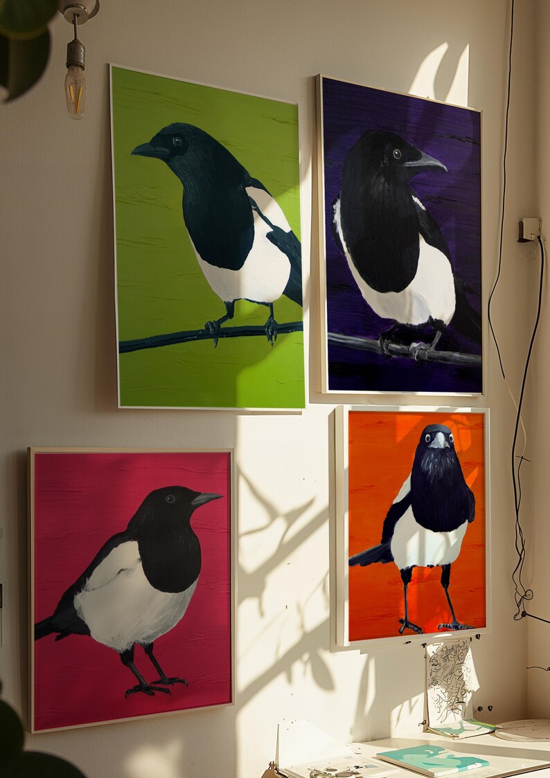 Impression pie de la peinture à l'huile | Cinq pour l'argent | Impression d'art oiseau | Art noir et orange | Art de la Pie | Cadeau Saint-Valentin | Décoration bohème Art bohème image 3