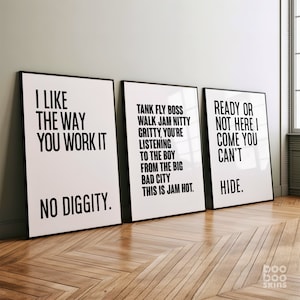 Set di 3 stampe Musica anni '90 / Ready or Not Tank Fly Boss Walk No Diggity / Arredamento ufficio / Poster testi Hip Hop RnB / Regalo papà DJ fidanzata