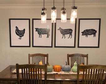 Set of 4 Butchers Prints | Farmhouse Kitchen Art | Butchers Meat Cuts Prints | Gift Cook Chef Foodie | Pig Cow Chicken Sheep Pictures