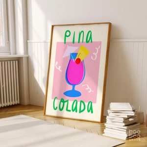 Impresión de cóctel de piña colada / Arte de cocina colorido / Regalo para amigas, mamás, tías, hermanas / Decoración de carrito de bar / Póster rosa / Cerezas y piña