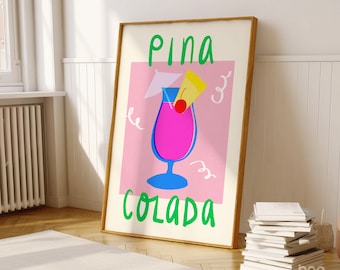 Pina Colada Cocktail Print | Colourful Kitchen Art | Gift for Friend Mum Aunt Sister | Bar Cart Decor | Pink Poster | Cherries Pineapple