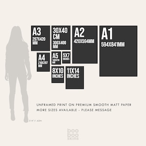 May include: A variety of black rectangular prints with white text indicating sizes in inches and millimeters. Sizes include A3, 30x40 cm, A2, A1, A4, A5, 5x7 inches, 8x10 inches, and 11x14 inches. The text "UNFRAMED PRINT ON PREMIUM SMOOTH MATT PAPER" is also visible.