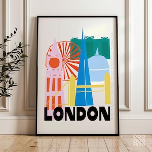 London City Print | Vintage reseaffisch | Brittiska engelska landmärken | Big Ben | Tower Bridge | Buckingham Palace | St Pauls | Gåva