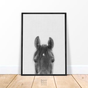 Peeking Horse Print | Monochrome Scandi Style Horse Poster | Art for Living Room | Monochrome Decor | Nordic Decor | Black and White Photo