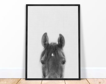 Peeking Horse Print | Monochrome Scandi Style Horse Poster | Art for Living Room | Monochrome Decor | Nordic Decor | Black and White Photo