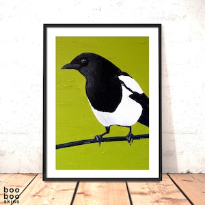 Eksterprint van olieverfschilderij | Eén voor verdriet | Vogelkunstafdruk | Zwarte en groene kunst | Eksterkunst | Valentijnscadeau | Bohodecor Bohokunst