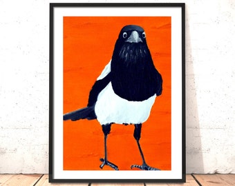 Magpie Print of Oil Painting | Five for Silver | Bird Art Print | Black and Orange Art | Magpie Art | Valentine Gift | Boho Decor Boho Art