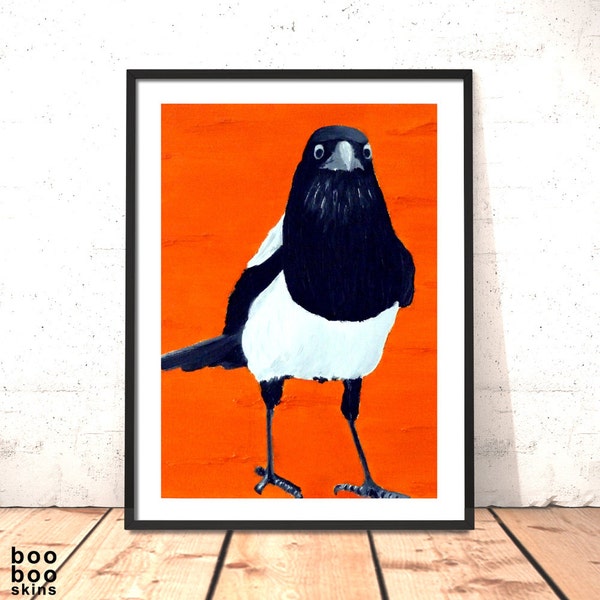 Magpie Print of Oil Painting | Five for Silver | Bird Art Print | Black and Orange Art | Magpie Art | Valentine Gift | Boho Decor Boho Art